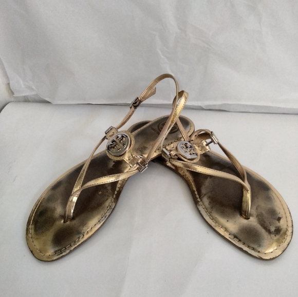 Tory Burch Metallic Gold Ali Thong Sandal Sz 8.5 - Picture 8 of 16